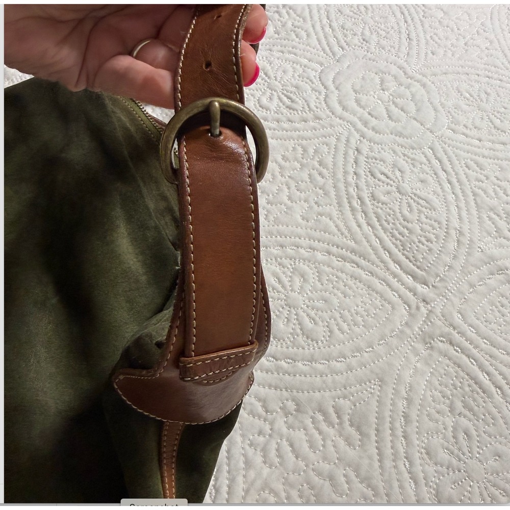 J Crew Hobo boho Bag Womens Large Green Suede Brown Leather Shoulder Bag - Picture 6 of 8
